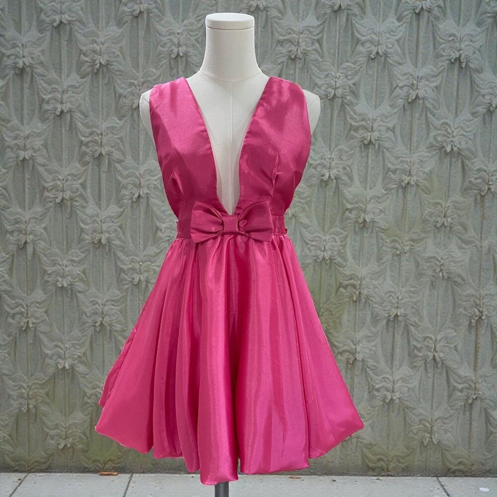 Mable S Pink Satin Bow‎ Mini Dress Deep V Coquette Y2K Party Holiday Glam NWT